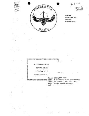 Cheslatta Band - A Presentation To The Meeting of Chiefs, January 30, 1985